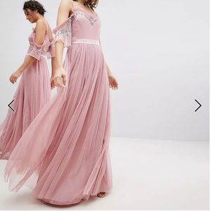 Maya Cold Shoulder Sequin Detail Tulle Maxi Dress With Ruffle Detail -  Size: 6